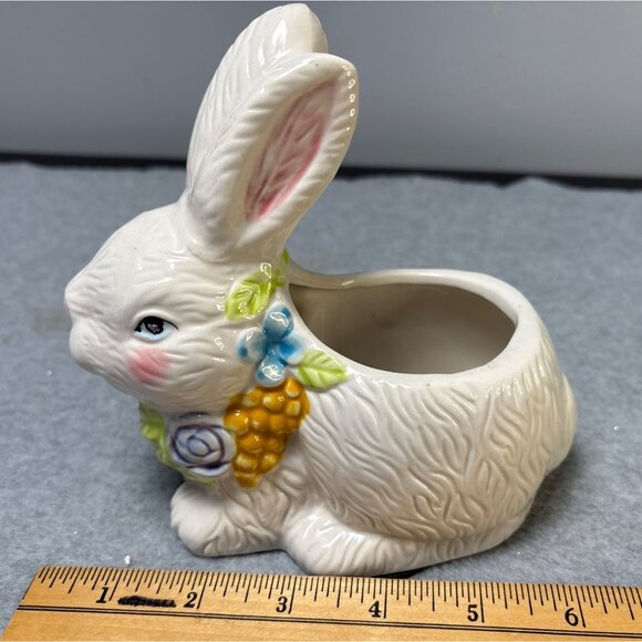 Ceramic Bunny Planter with Floral Accents Figurine - Picture 6 of 9